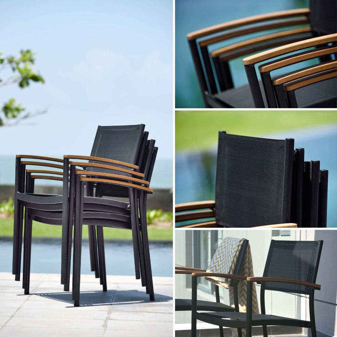 Topaz Extendable FSC Teak Table and Vera Stacking Armchair Dining Set