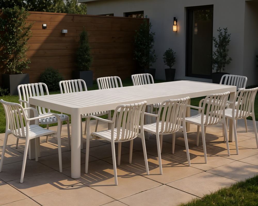 Bali Extendable Aluminum Table with Cura Stacking Chairs