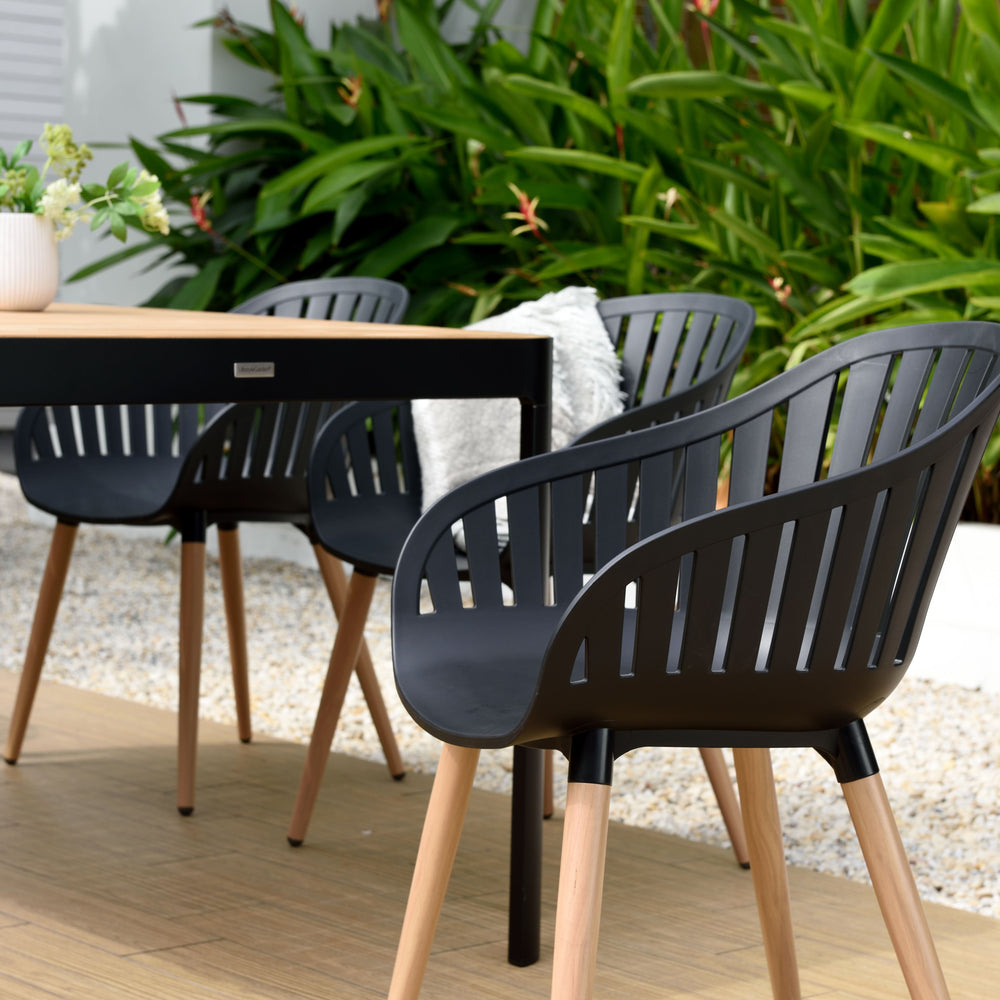 
                      
                        Portals Dark Rectangular Teak Table and 8 Nassau Black Dining Set
                      
                    
