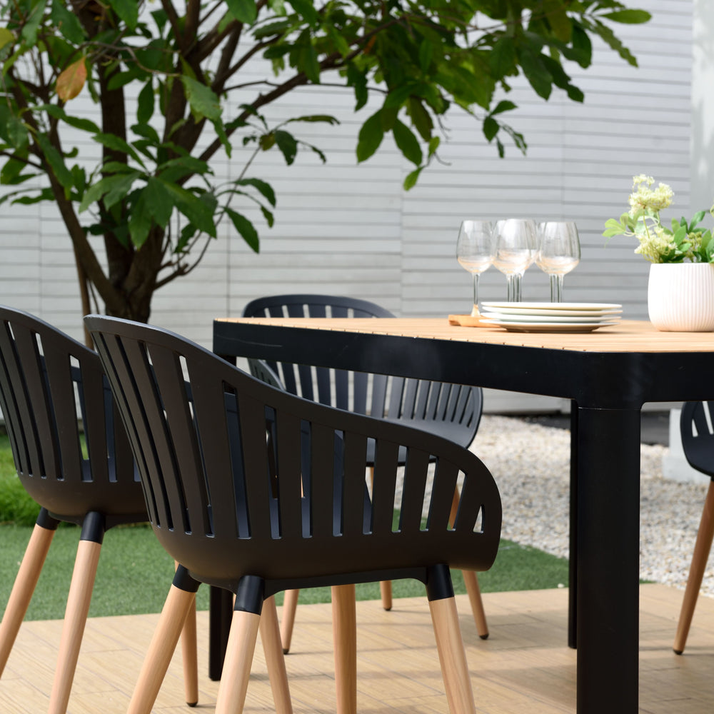 
                      
                        Portals Dark Rectangular Teak Table and 8 Nassau Black Dining Set
                      
                    