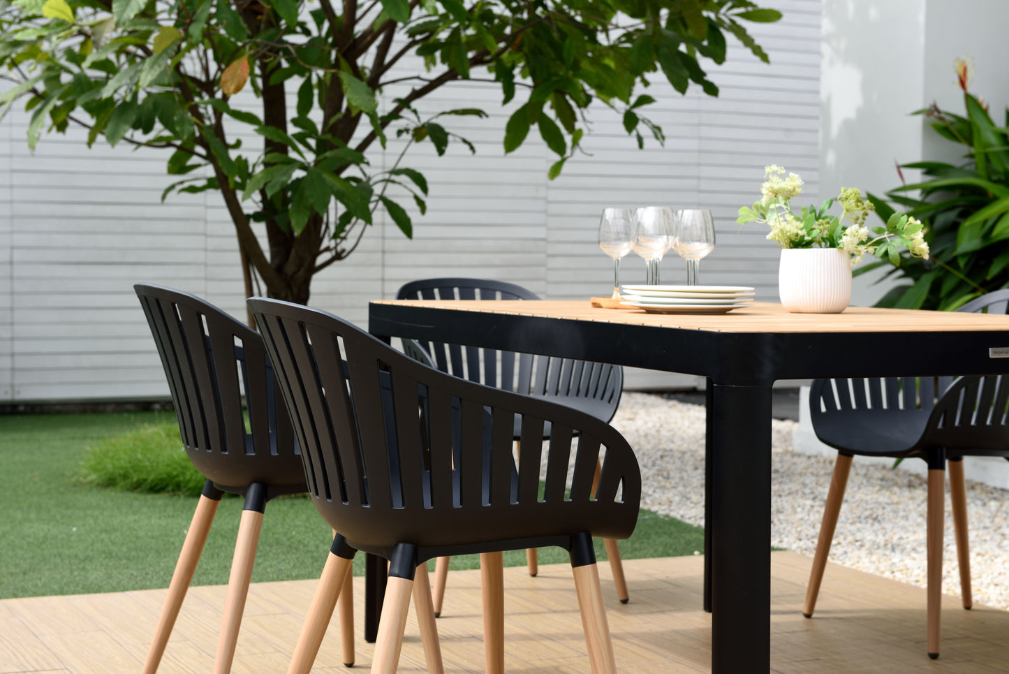 Portals Dark Rectangular Teak Table and 8 Nassau Black Dining Set